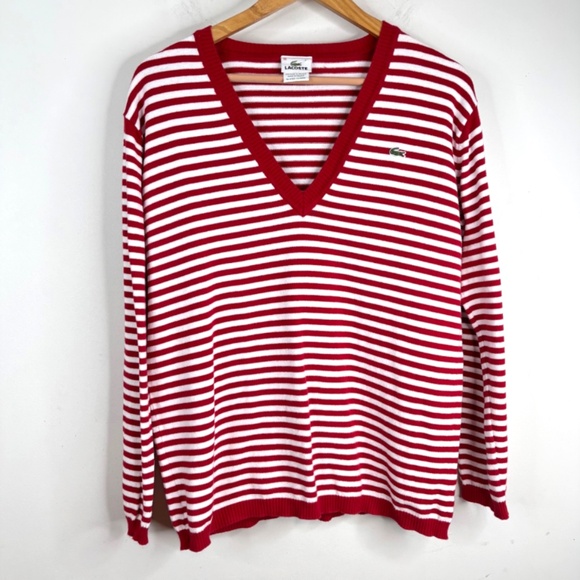 VTG 80s 90s LACOSTE V-Neck Sweater 46/XL Red White Stripe French Made Christmas - Picture 10 of 10